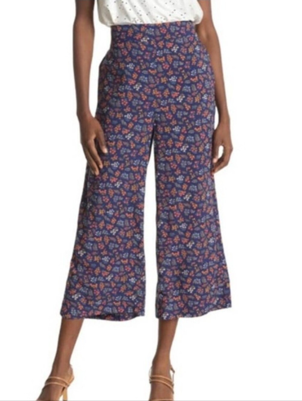 High-Waist Floral Wide-Leg Crop Pants - Navy